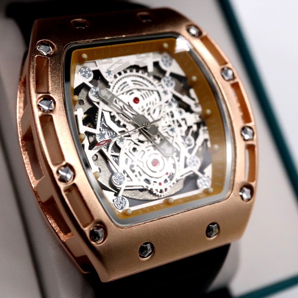 BIBI Skeleton Dial Tonneau Barrel Watch Rose Gold Case Black Band